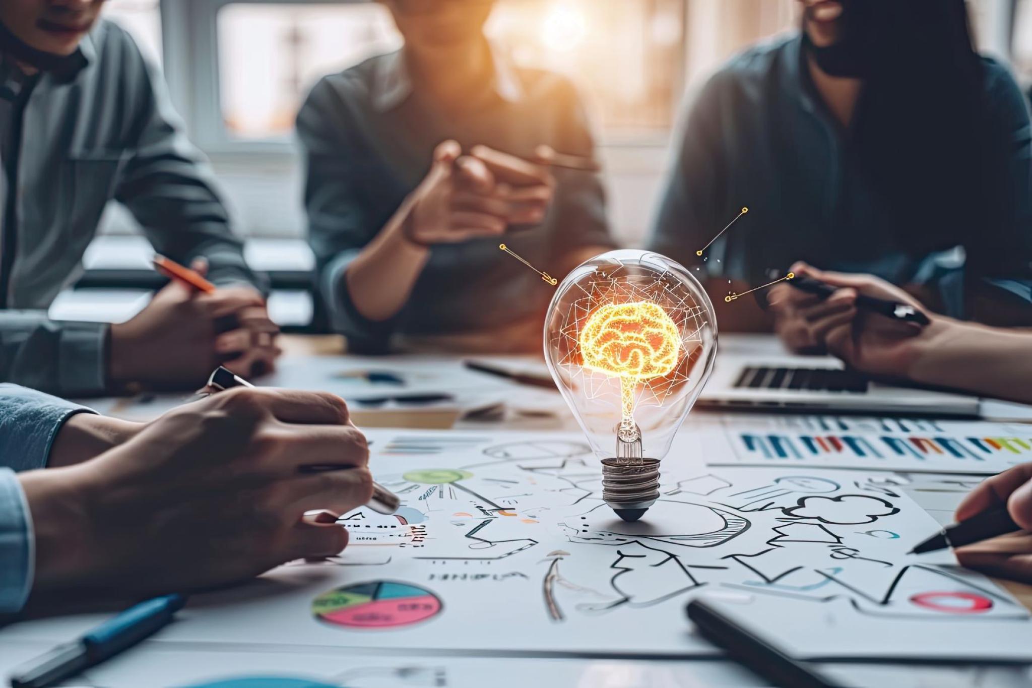 Image displaying people developing a strategy with a lightbulb in the center