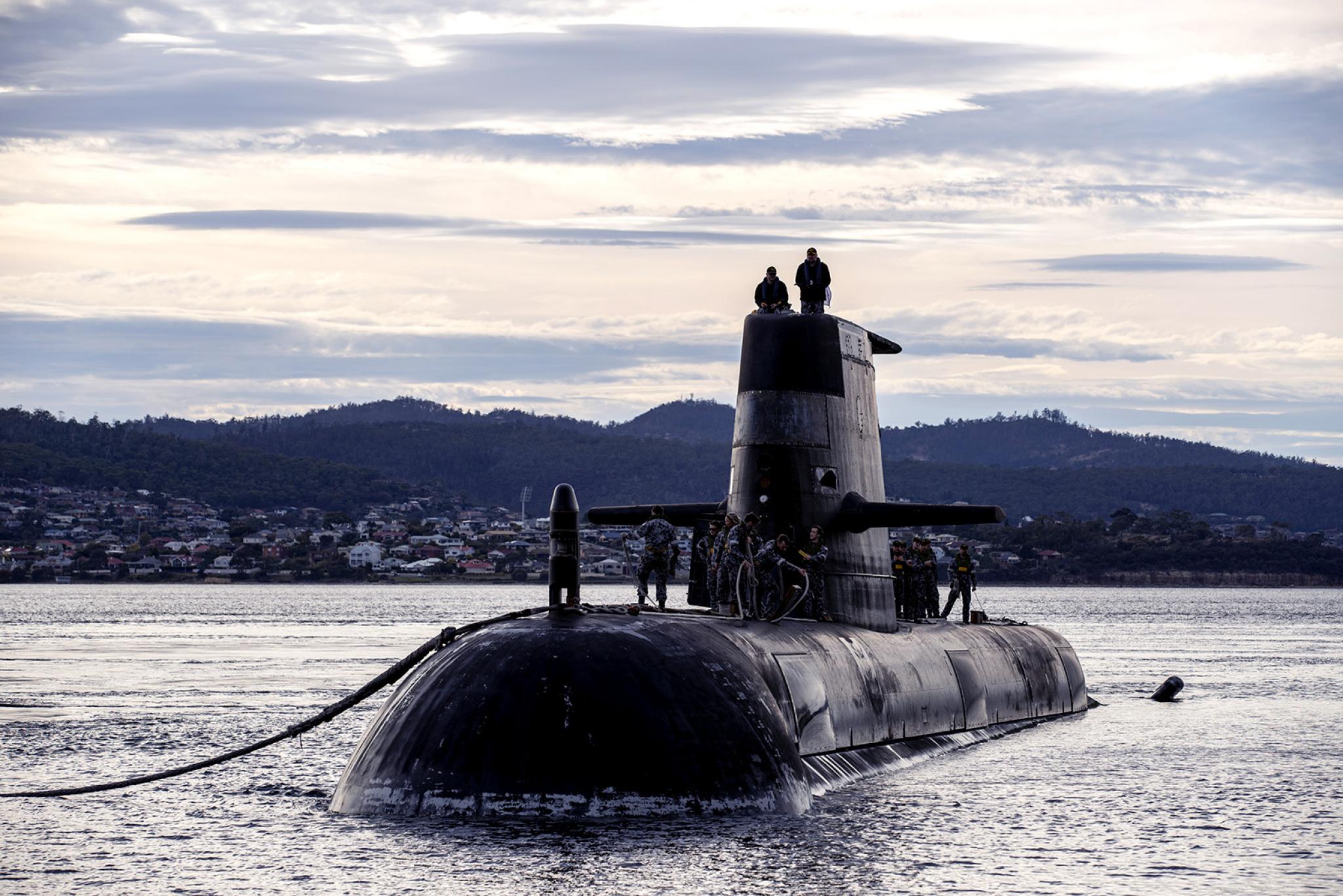 Royal Australian Navy submarine HMAS Sheean arrives for a logistics port visit in Hobart, Australia. The United States, the United Kingdom and Australia have announced a new strategic defense partnership to build a class of nuclear-propelled submarines and work together in the Indo-Pacific region.