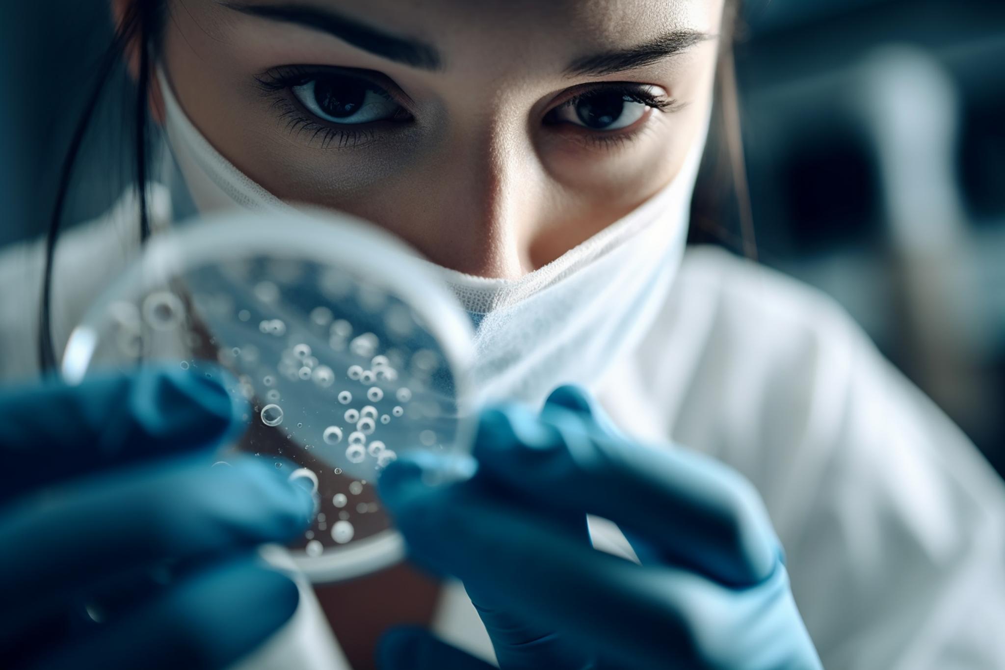 Scientist wearing a mask and gloves looks at petri dish 