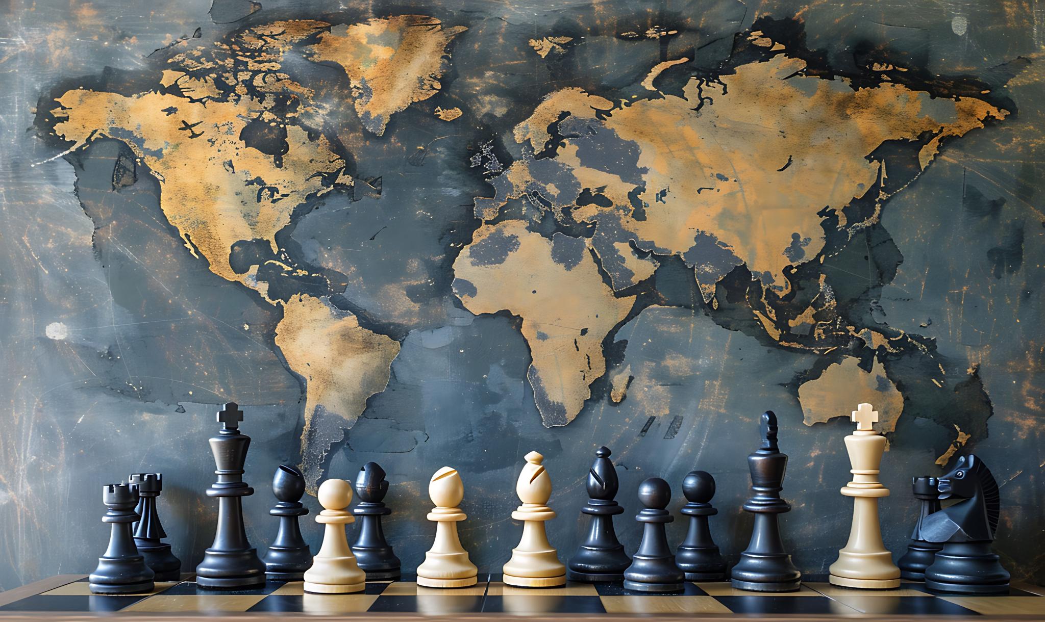 Global Strategy Unveiled Chessboard Map Integration Reflects Worldwide Decision-making with Geopolitical Chess Pieces