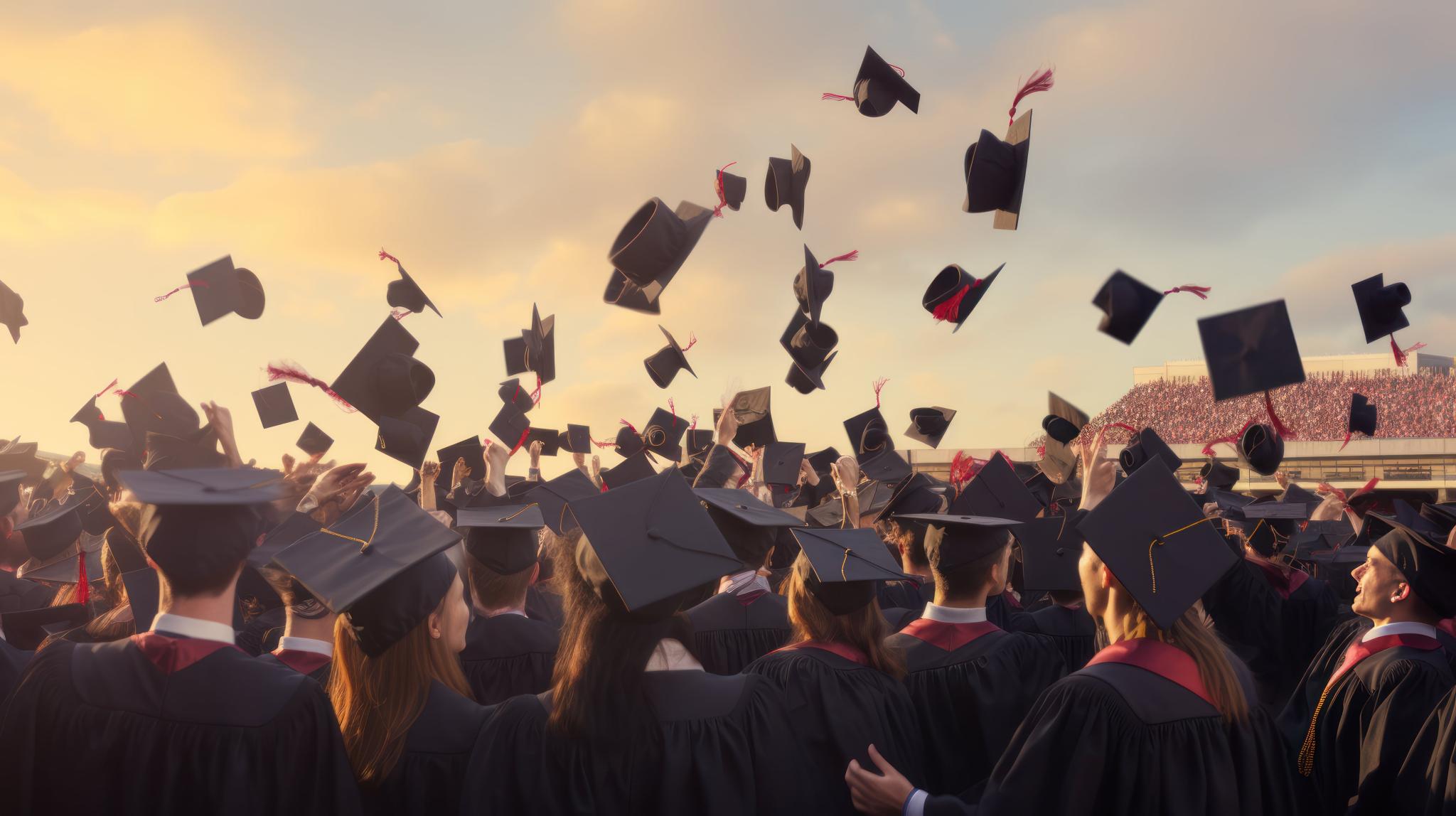 People throwing graduation caps in the air