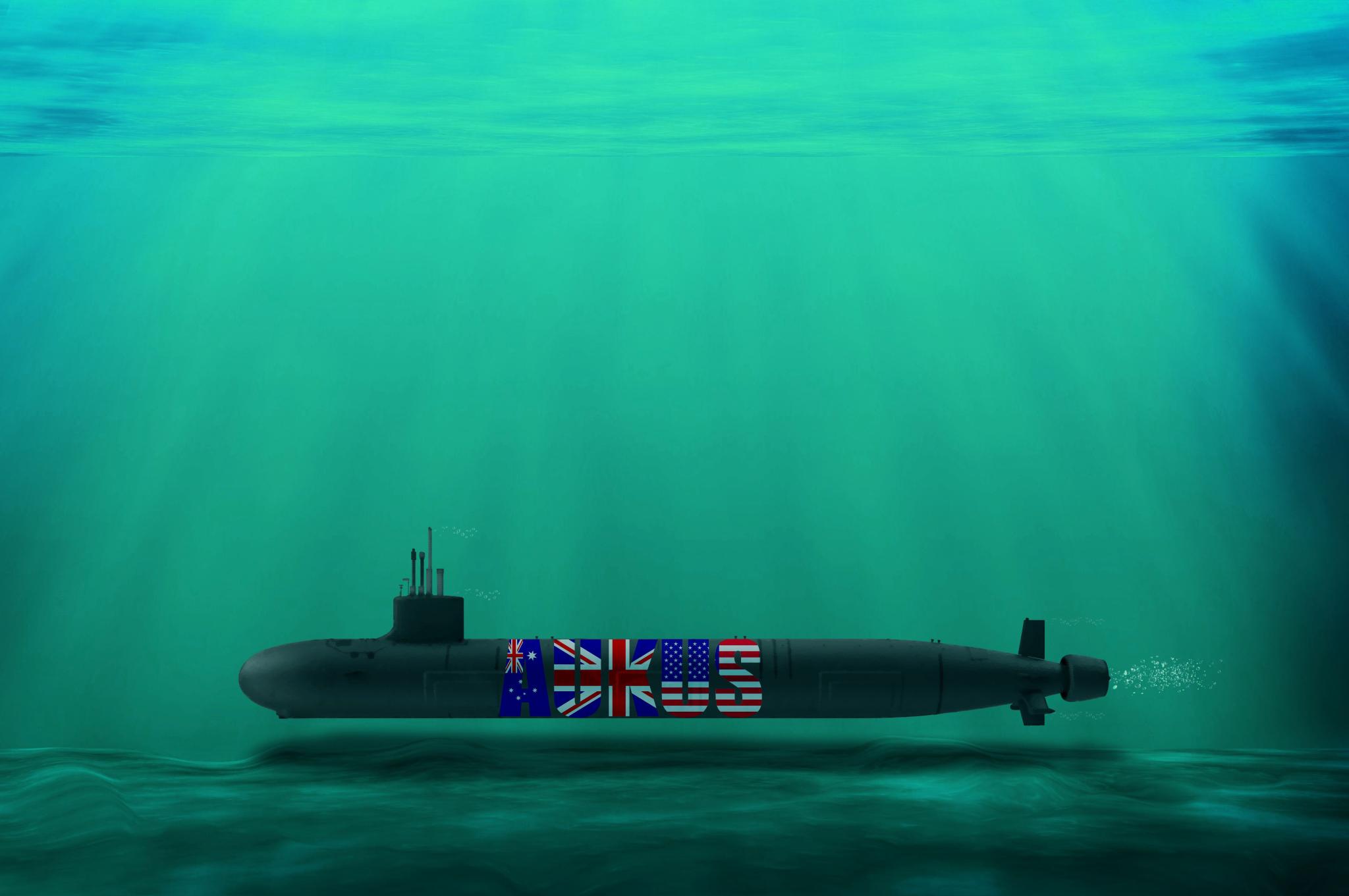 3D rendering of AUKUS Nuclear submarine in the deep sea