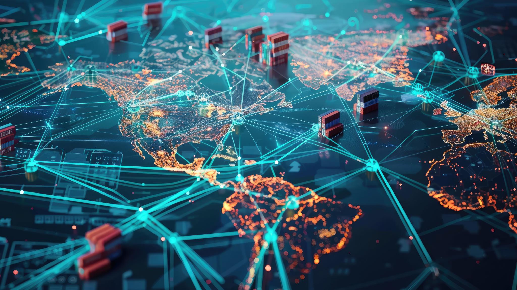 Global supply chain network with interconnected shipping routes and distribution hubs