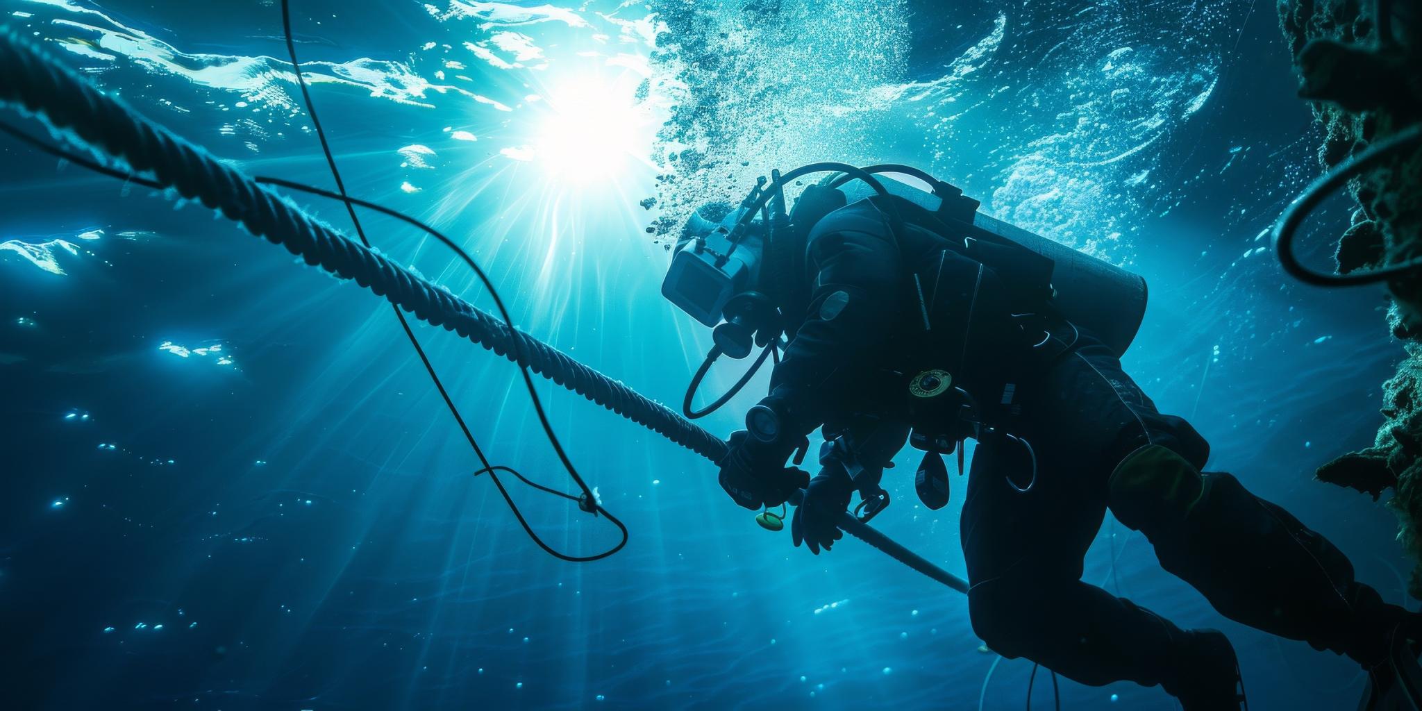 A diver in a heavy-duty suit welds a protective sheath onto a broken undersea cable