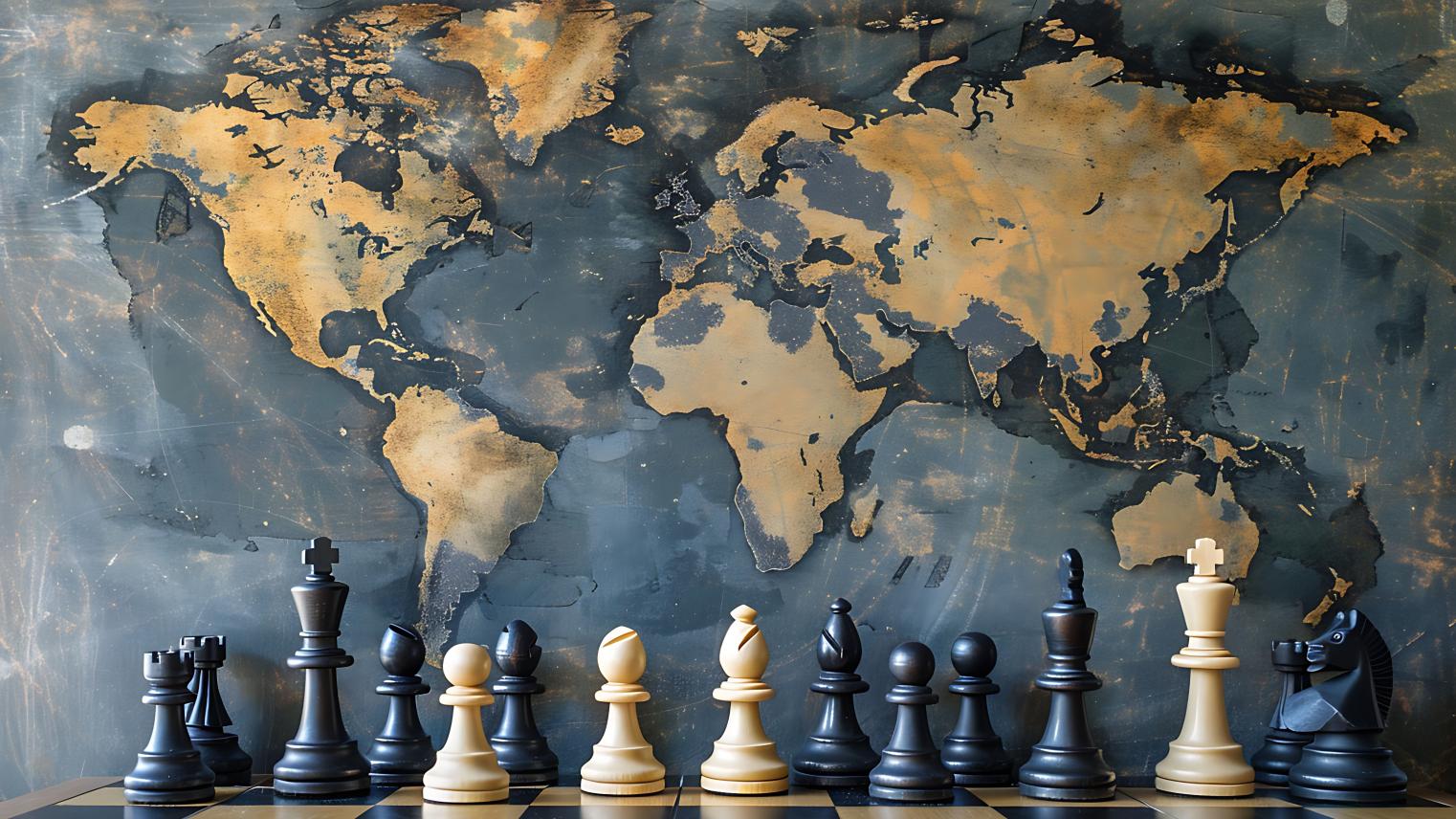 Global Strategy Unveiled Chessboard Map Integration Reflects Worldwide Decision-making with Geopolitical Chess Pieces