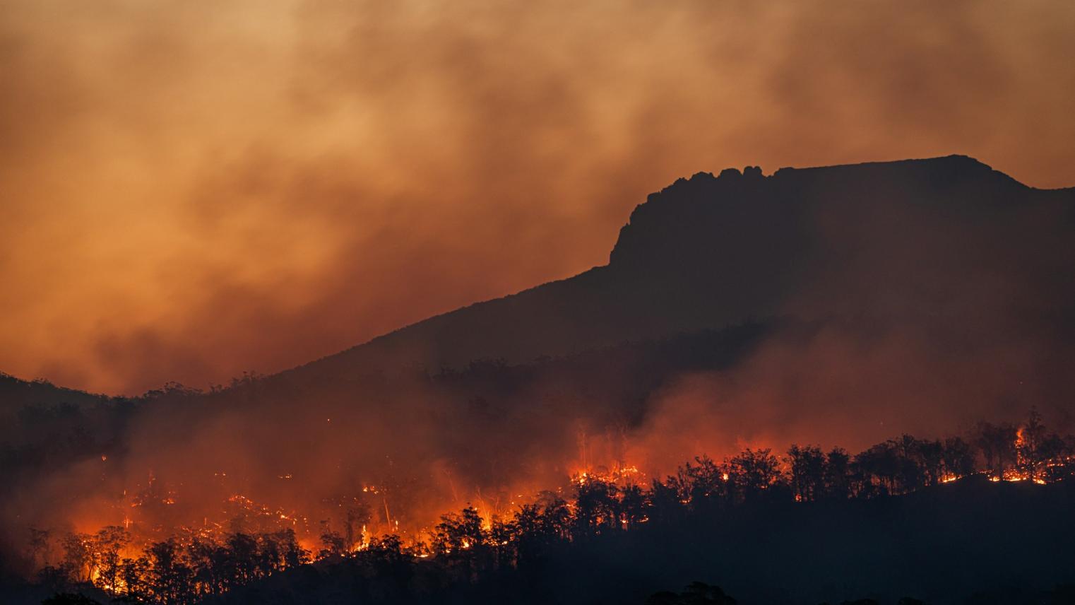 Bushfires below Stacks Bluff, Tasmania, Australia