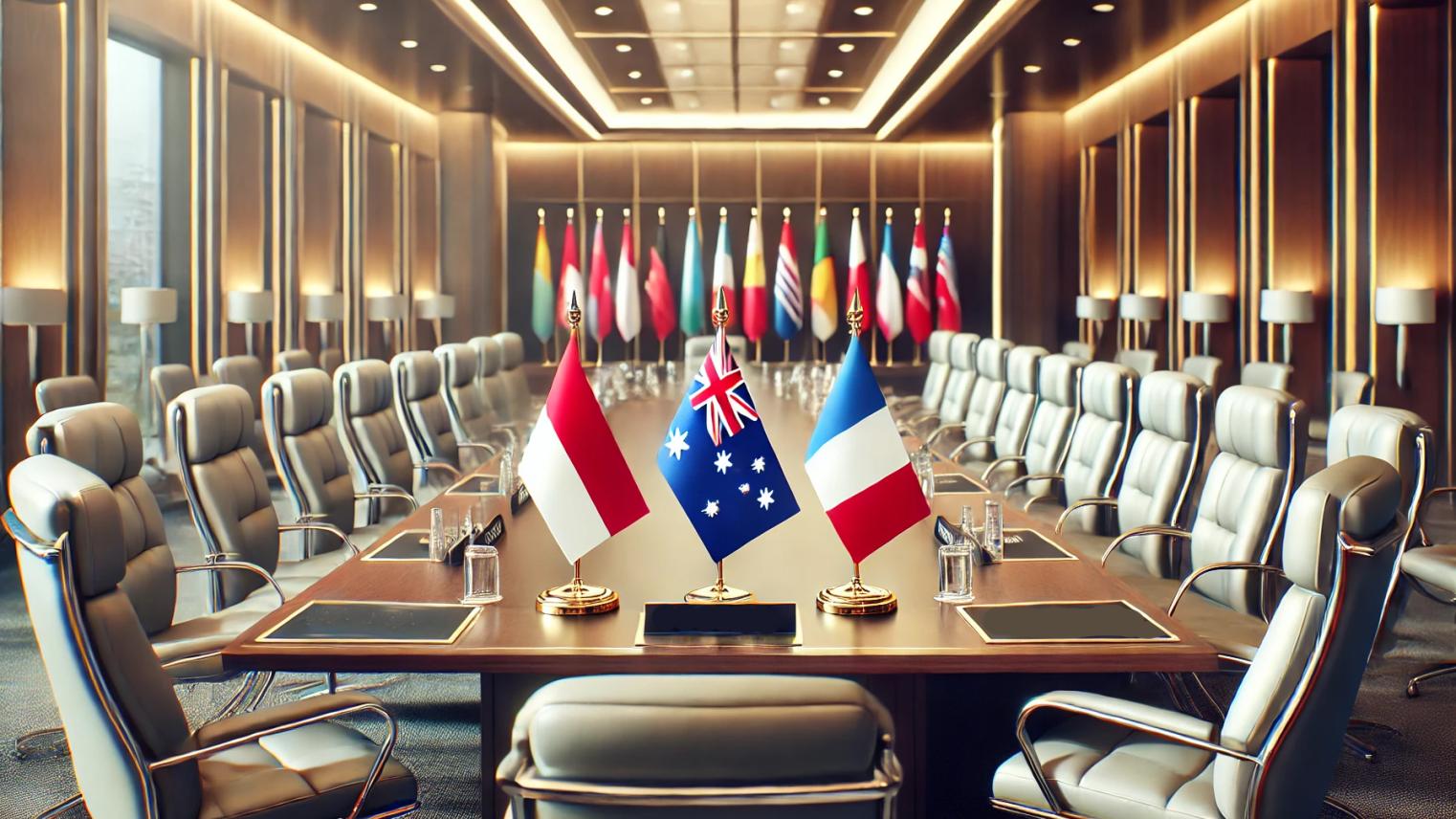 Flags of Indonesia, Australia and France on a table